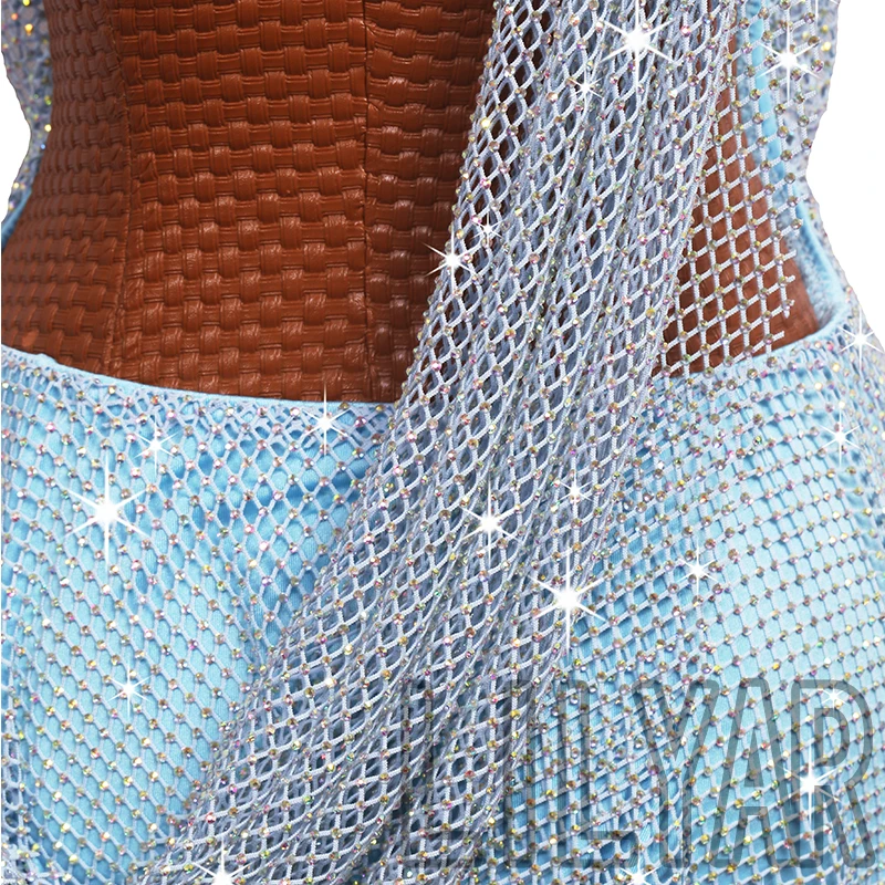 New high-end Latin Dance Competition Women\'s adult Performance Clothing inLake blue sparkling diamonds appears slim and backles