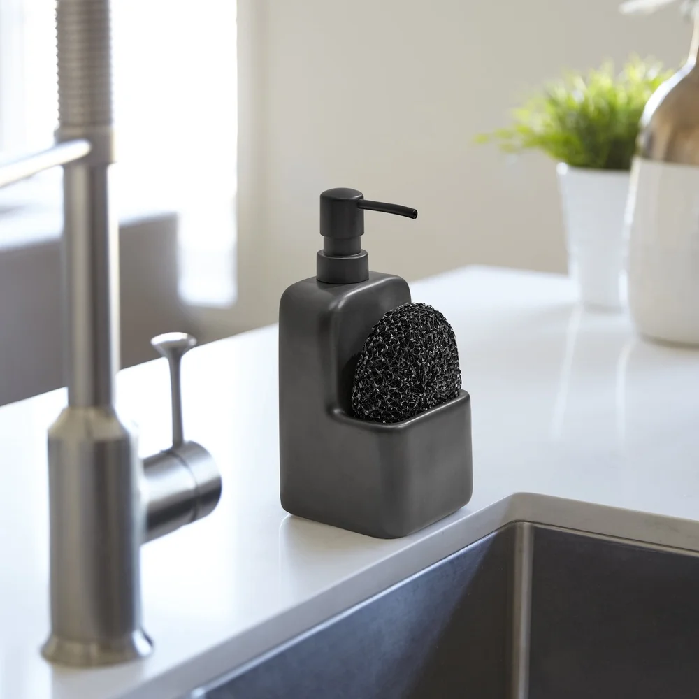 Pompa per sapone liquido in ceramica con contenitore incorporato e organizer da cucina per bagno, dispenser 2 in 1 antiruggine e facile da pulire