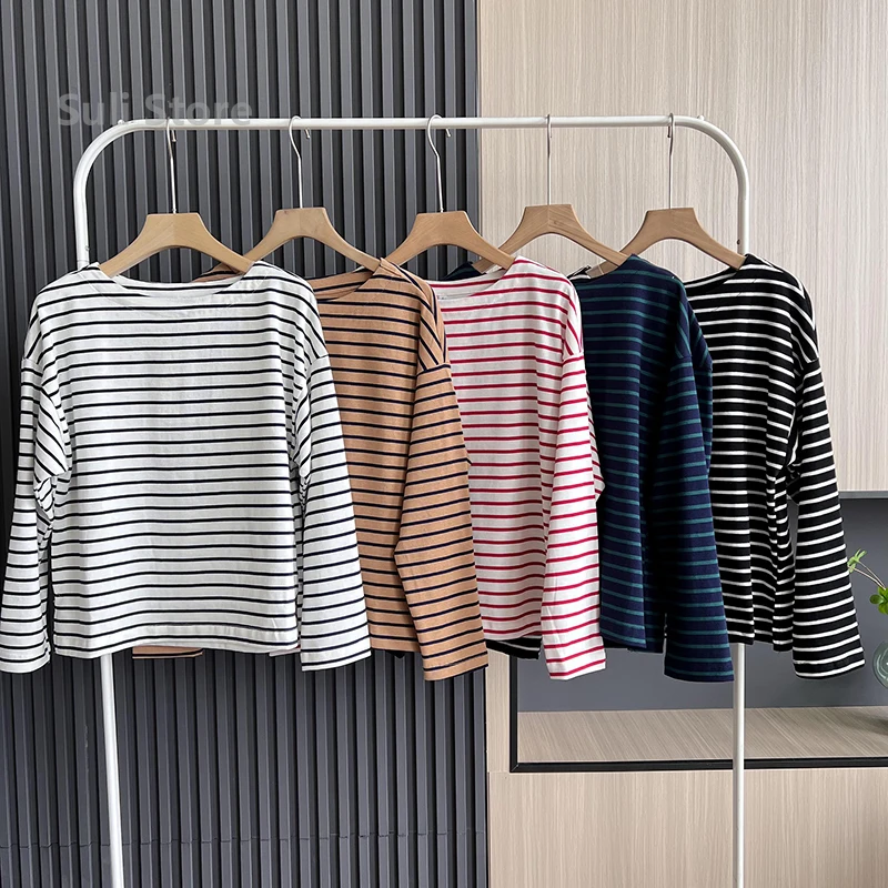 2025 Autumn New Product Simple and Versatile Classic Striped One-word Collar Loose Casual Long-sleeved T-shirt
