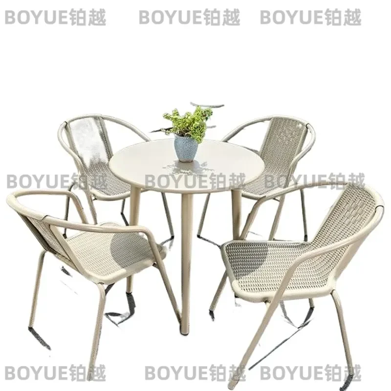 Outdoor Rattan Patio Furniture Set Wrought Iron Garden Table and Chairs Waterproof Backrest Leisure Dining Combo for Yard