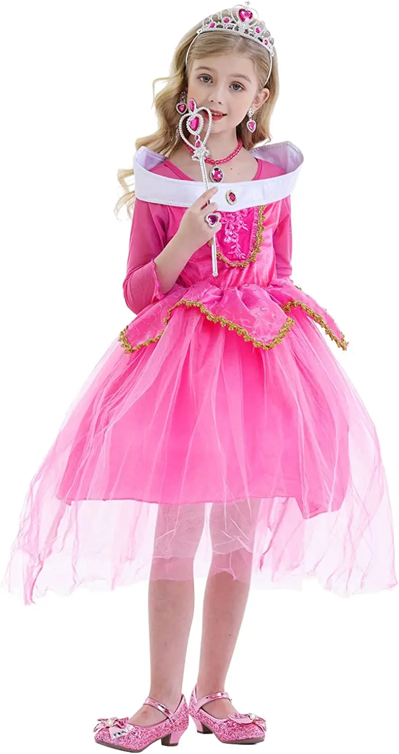 Vestido de princesa para niñas, disfraz para fiesta de Halloween, cumpleaños, Cosplay, rosa roja con accesorios de 3-12 años