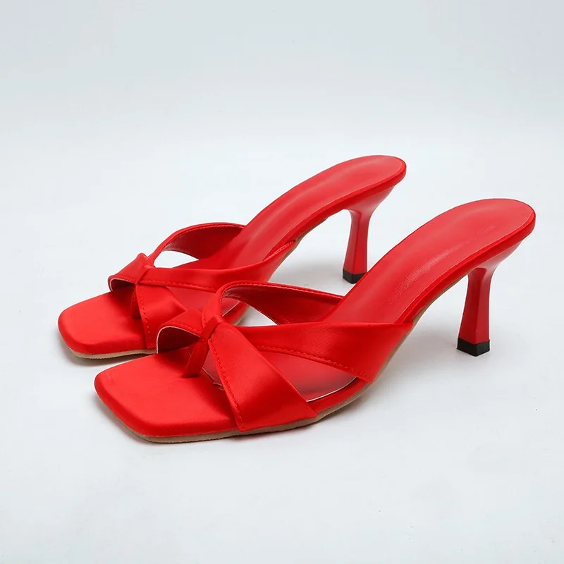 2024 Women's New Slippers Sexy Leather Red Bow Roman Stiletto Heels Elegant Clip-toe Square Head Satin Pull-On Femme Zapatillas