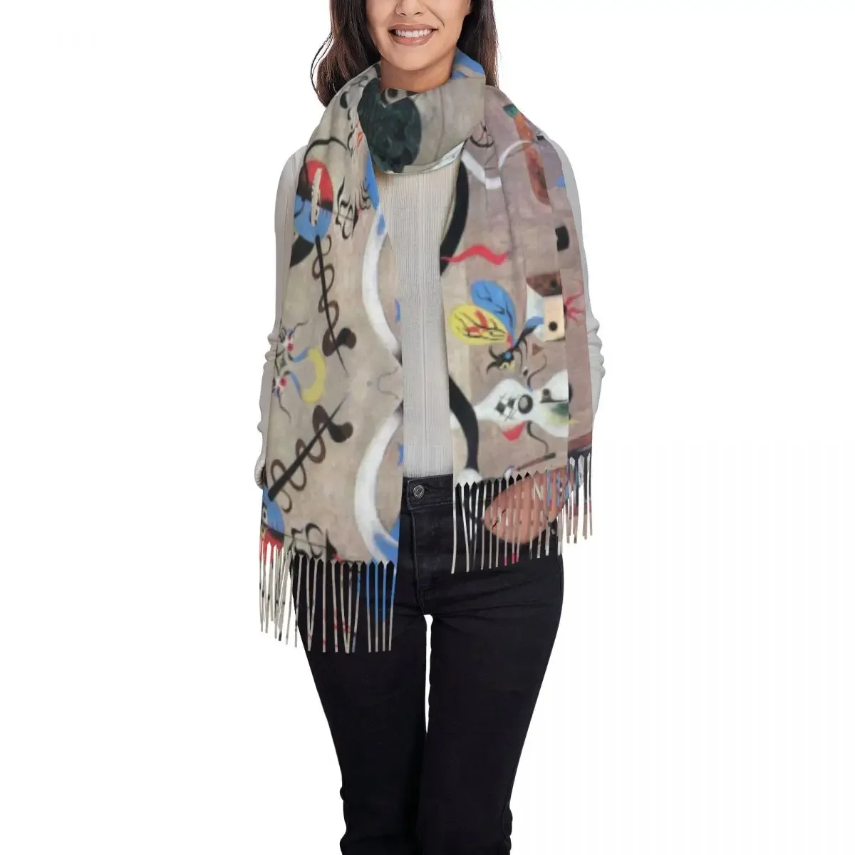 Joan Miro Abstract Art Scarf Women Men Stylish Winter Shawl Wraps Surrealism Tassel 