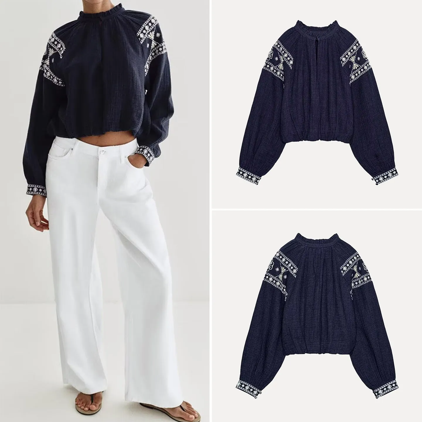 

Модная женская повседневная свободная блузка с длинным рукавом, вышивкой и воротником-стойкой, весна 2026, бренд Z