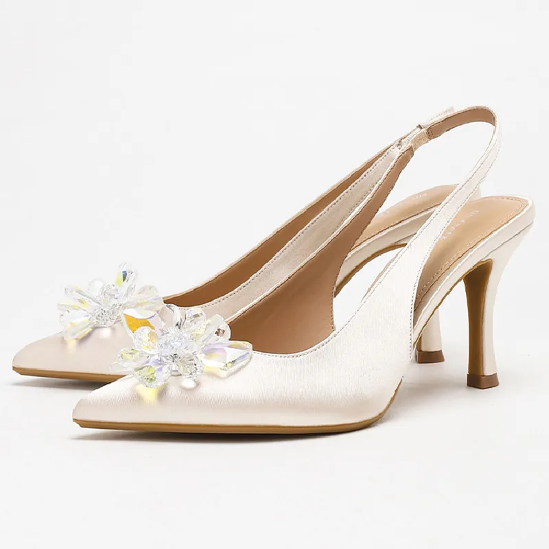 

Luxury Rhinestone Decorated High Heels Women Elegant Satin Pointed Toe Slingback Stiletto Sandals Fashion Wedding Bridal Shoes