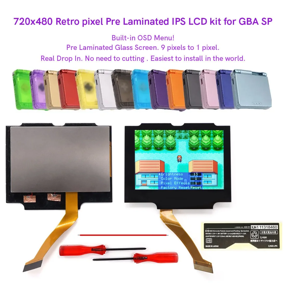 

V5 Pre-Laminated 720x480 Retro Pixel High Backlight IPS LCD Kit With Pure+Clear Shell For GBA SP