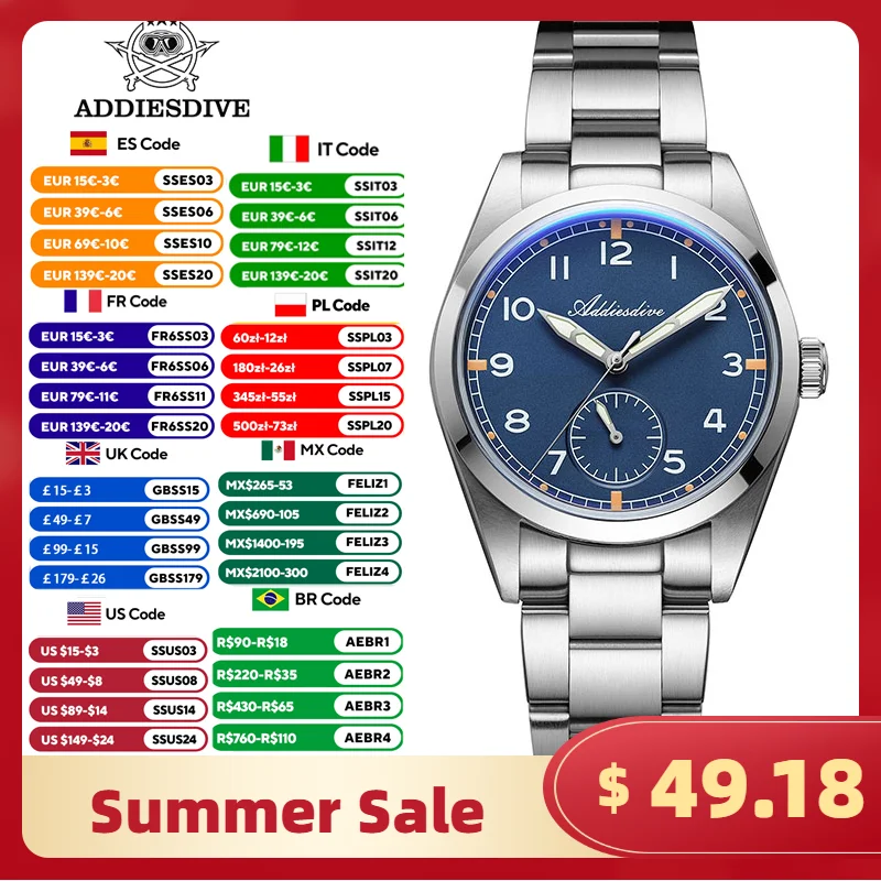 

ADDIESDIVE 2025 36MM Men's Watch Bubble Mirror K1 Mineral Glass Reloj Hombre VH60 Movement 10ATM Waterproof Luminous Men Watches