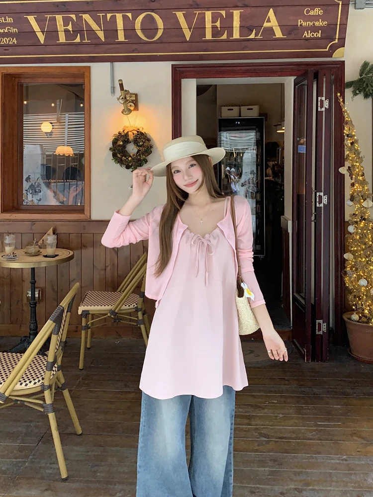 

Short Sleeveless Cardigan Coat Belted U-Neck Dress Women's Fashion Summer 2026 Korean Style Two-Piece Set High Waist Casual Wear