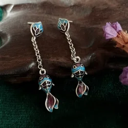 925 Silver Vintage Ethnic Style Cloisonne Blue Koi Carp Earrings for Women Enamel Colored Tassel Long Earings Stud Jewelry