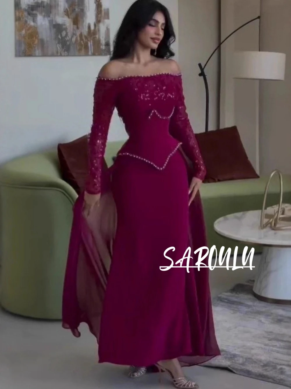 Fuchsia Off Shoulder Evening Dress Beaded Elegant Fitted Waist Romantic Charming Prom Gown Wedding Party Women Wear In Stock