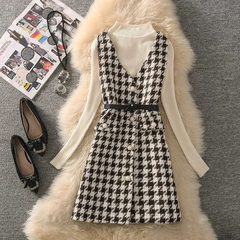 Korean Mid-Length Houndstooth Tweed Vest Jacket 2 Piece Set Women Vintage Long Waistcoat With Belt And Knitted Sweater Chic Suit