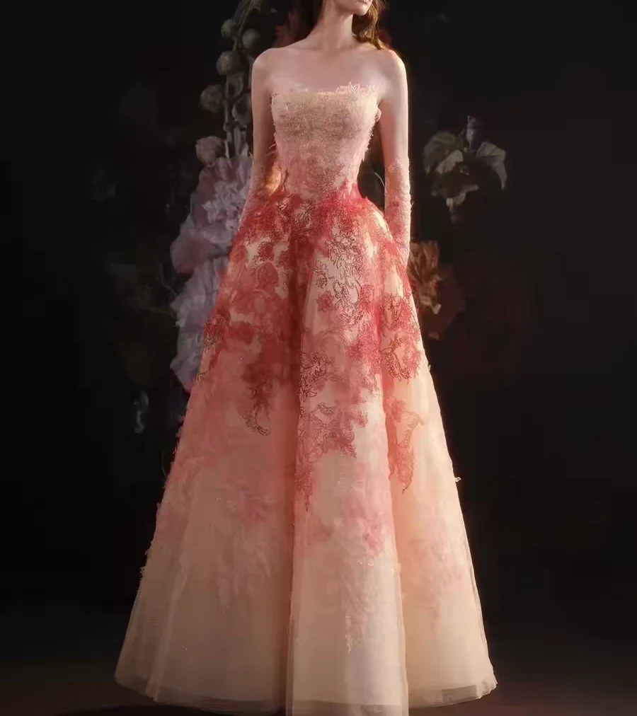 customized strapless gradient red 3d floral lace embroidery voluminous tulle a-line train evening dress with matching long glove