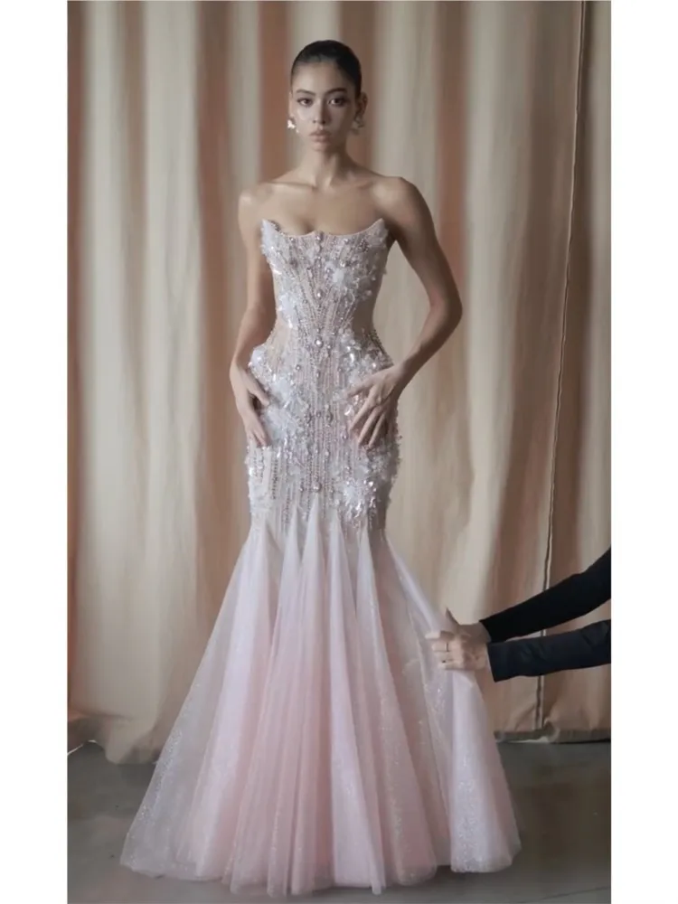 Heavy-duty strapless fishtail light luxury and niche style toasting dress