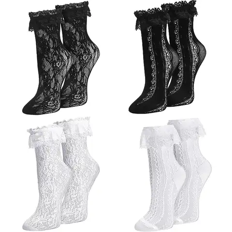 4/8 Pairs Women's Elegant Lace Socks with Ruffles, Frills & Geometric Patterns - Hollow Mesh Lolita Style Stockings, Cute Socks