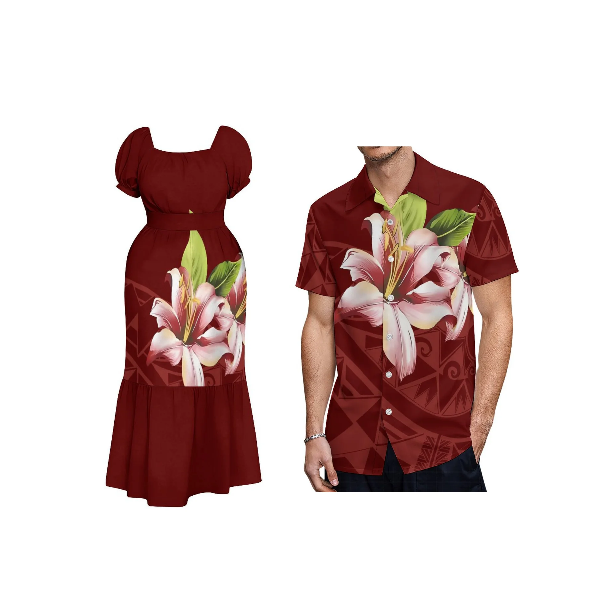 Wholesale Custom Pacific Island Design Lady Summer Ruffle Belted Dress Fashion Square Neck Puff Sleeve Dress Resort Wear