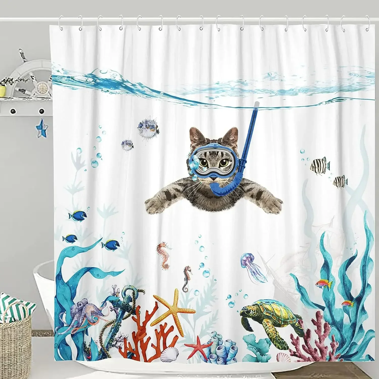 Ocean Shower Curtain, Beach Tropical Palm Island Sea Turtle Cat Sailing Flamingos coral shell, bathroom decor shower curtain set