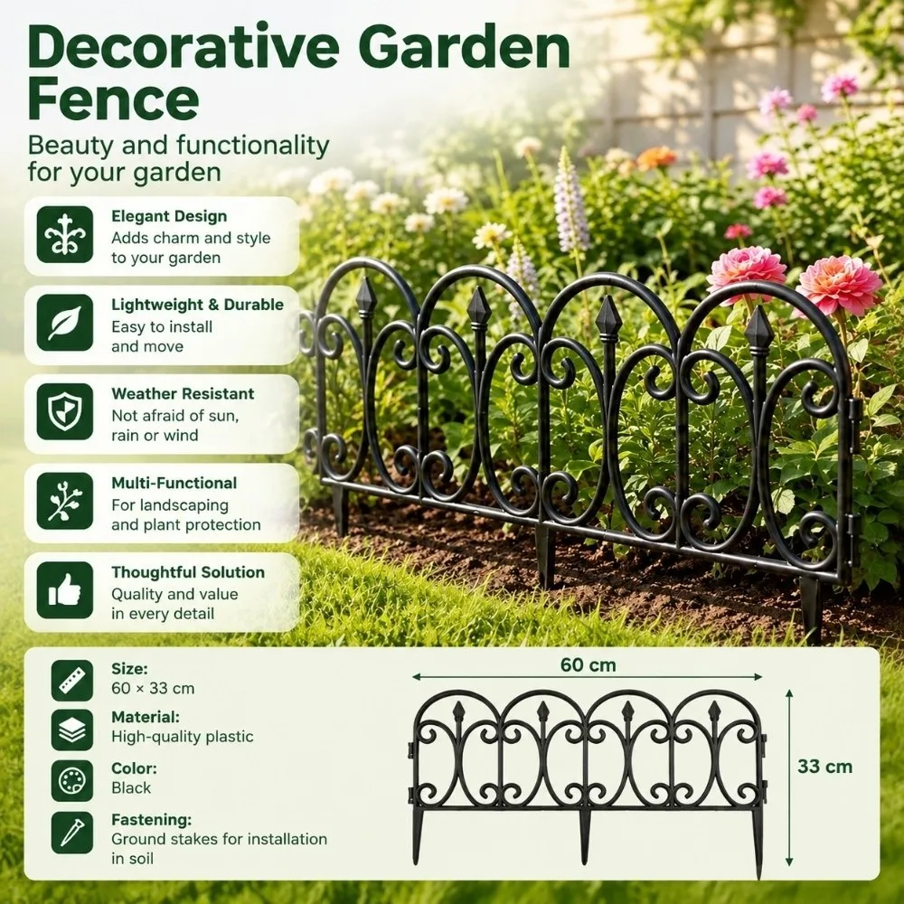 5pcs 23in ×13in Decorative Garden Fence Weather Resistant Waterproof Garden Edging Border Black Plastic Landscape Barrier