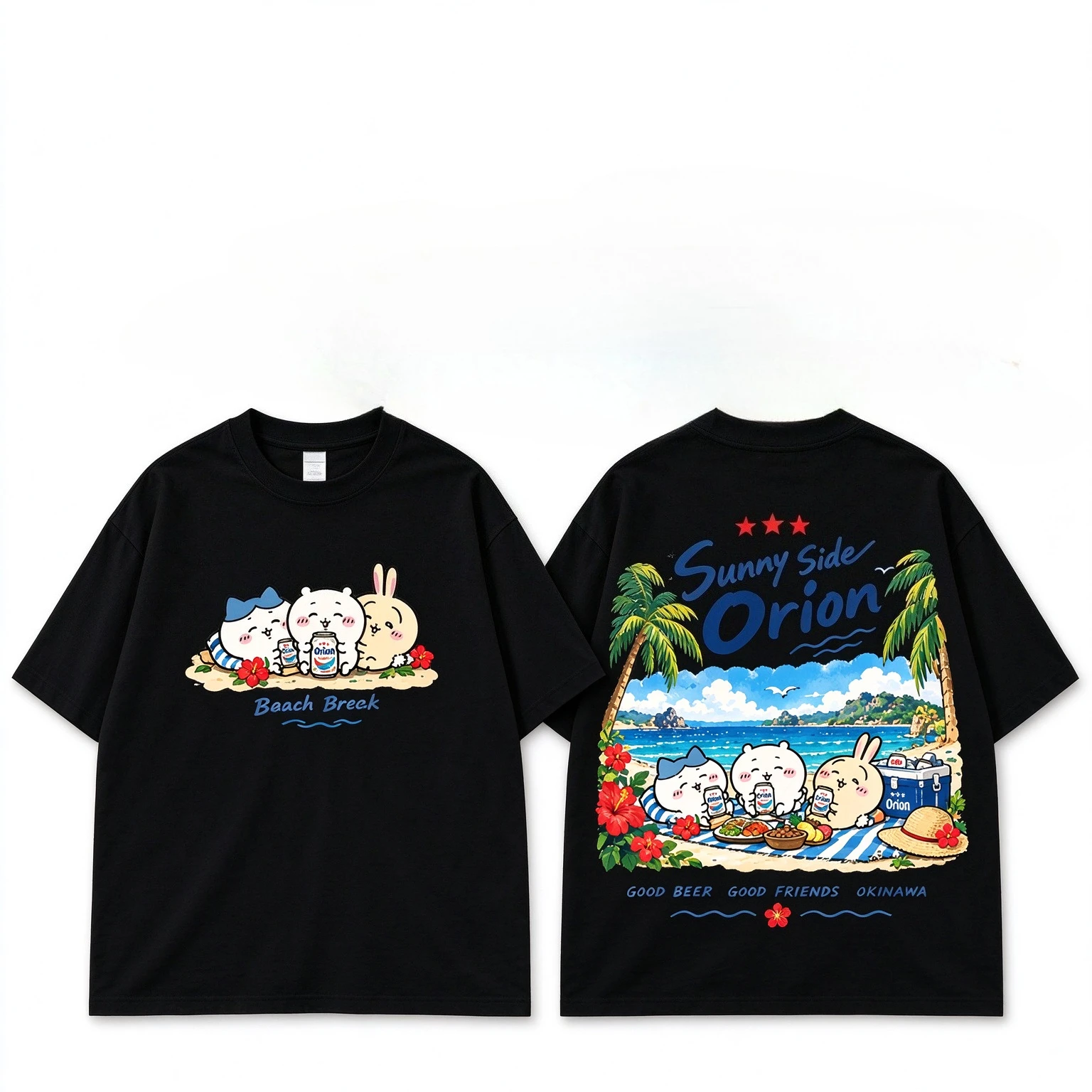 Chiikawa Cute Kawaii Okinawa Beer Tee Men's Women's White Retro Cool Graphic Art Print Oversized Short Sleeve Streetwear Top