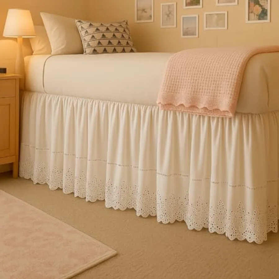

Twin XL Dorm Room Bed Skirt 36'' Drop Extra Long Dust Ruffled Bedskirt with Embroidered Details for College Dorm Bedrooms Hotel