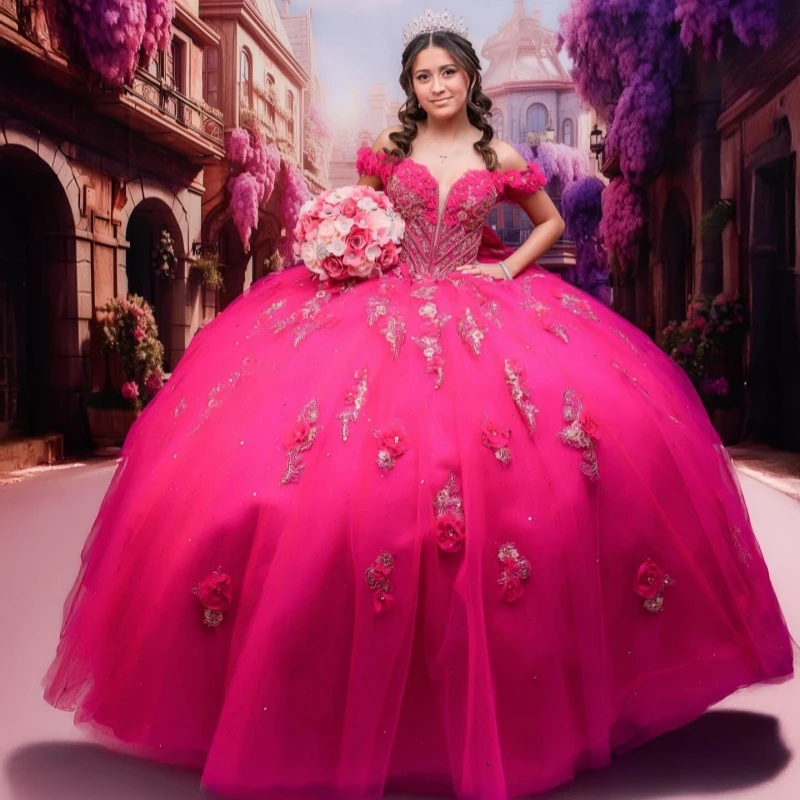 

Rose Red Shiny Ball Gown Quinceanera Dresses Applique Flower Beading Crystal Bow Tull Corset Off Shoulder Sweet 16 Dress Vestido