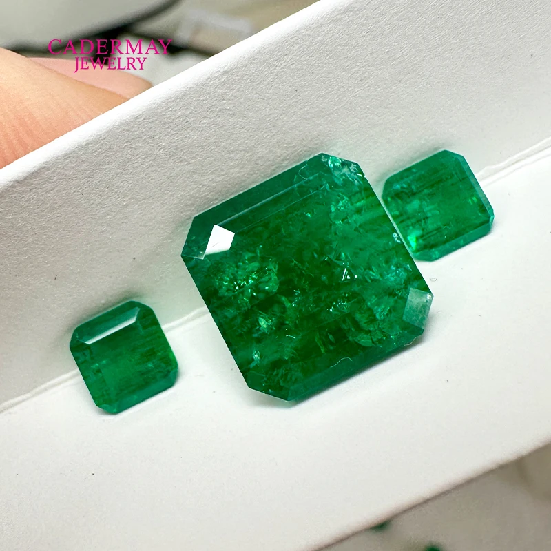 Cadermay Asscher Square Cut #7 Green Hydrothermal Lab Grown Vivid Green Translucent Emerald With Inculsions for Jewelry Making