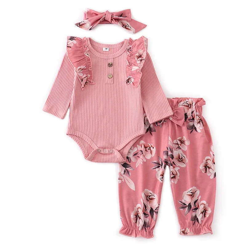 2024 Baby Spring Autumn Clothing Newborn Baby Girl Set Jumpsuits Floral Ruffles Romper Top and Pants Bow Headband Infant Outfit