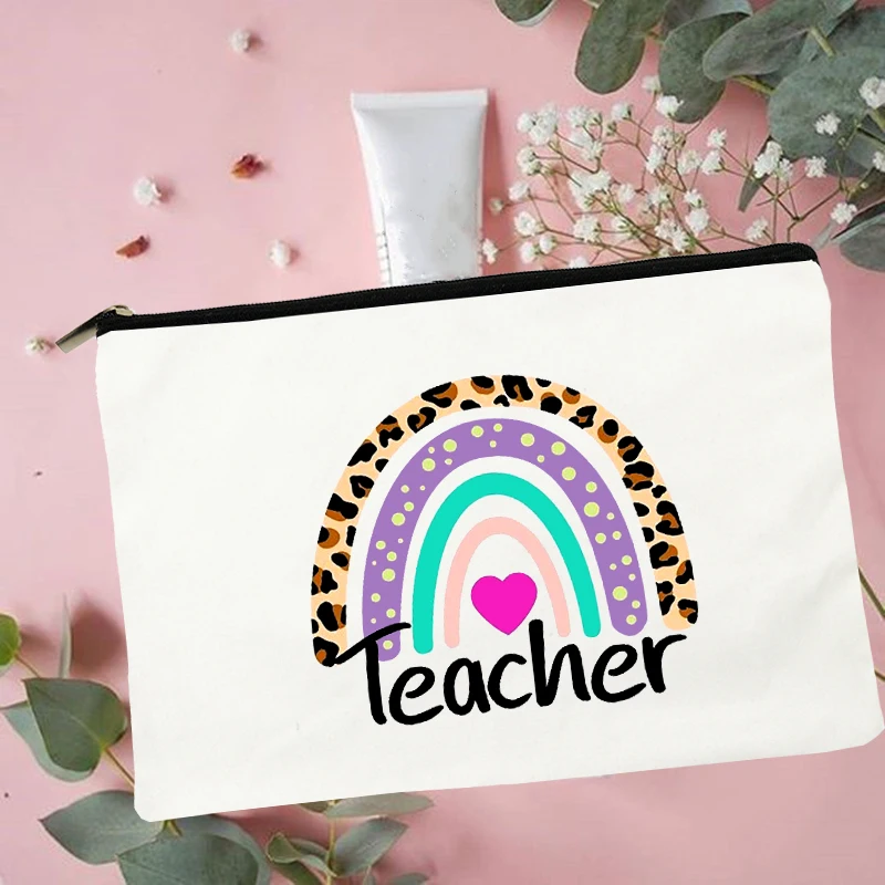 Women Rainbow Teacher Print Travel Cosmetic Beauty Case Teacher Gift Makeup Bag Organizer Toiletry Storage Pencil Bag Best Pouch