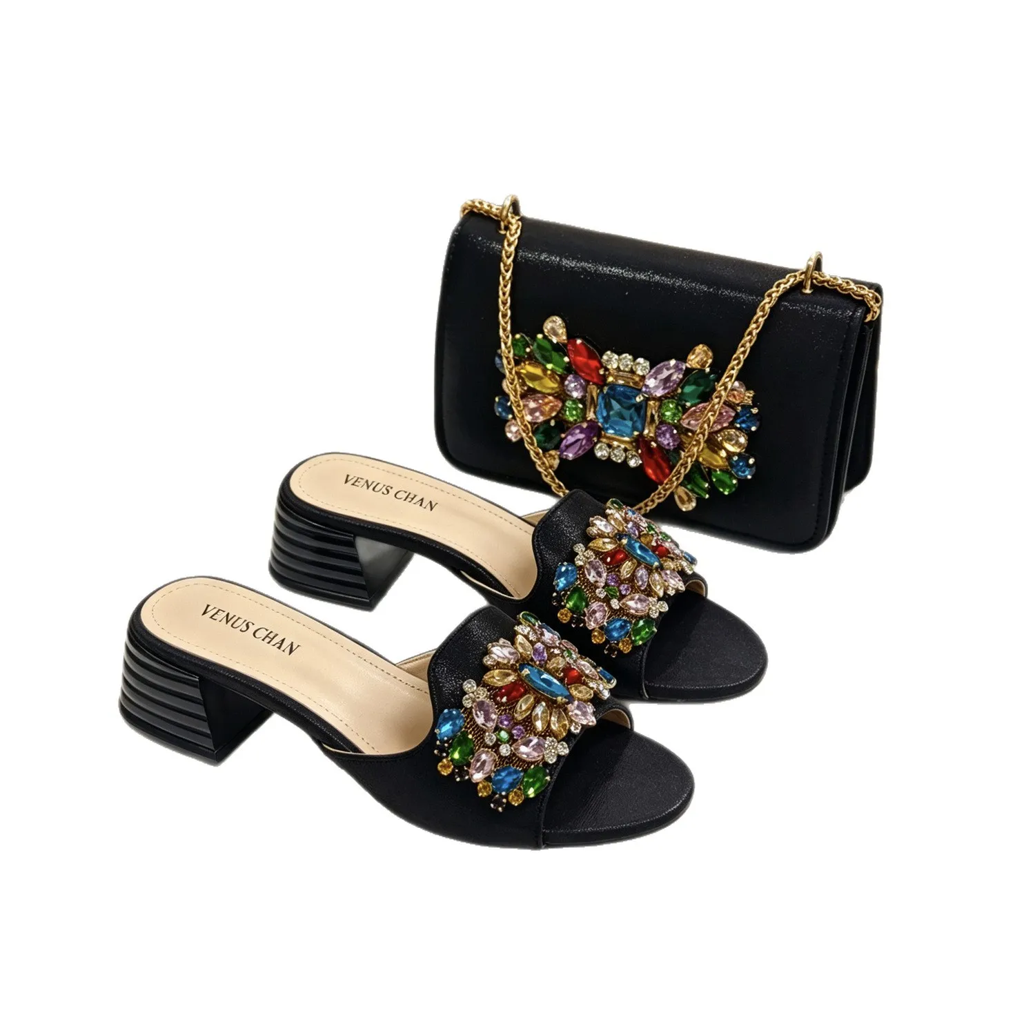 Plus Size Women's Low Heel Sandals Matching Handbag Set Comfortable Summer Slide Mules with Tote Bag Large Size
