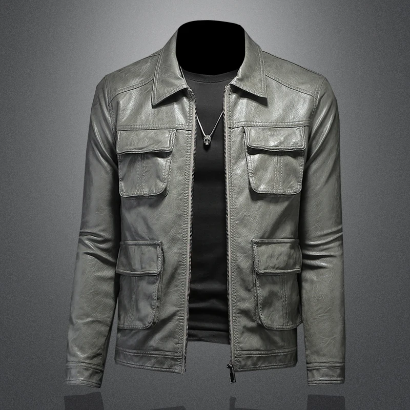 2024Autumn and Winter New High Quality Fashion Handsome Trend Men Lapel Motorcycle Leather Coat Slim Stylish Man for Men Luxury