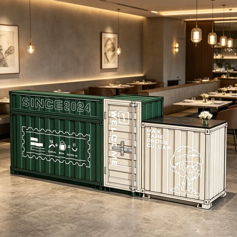 Industrial-style Bar Counter with Vintage Ironwork, Gym Container Corner for Cashier and Reception Area, Custom-made