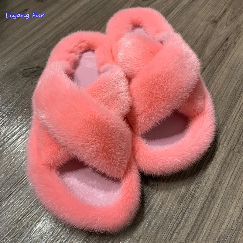 Winter Fashion Women's Fur Slippers Real Mink Fur Slides Home Indoor Outdoor Ladies Plush Flat Casual Shoes