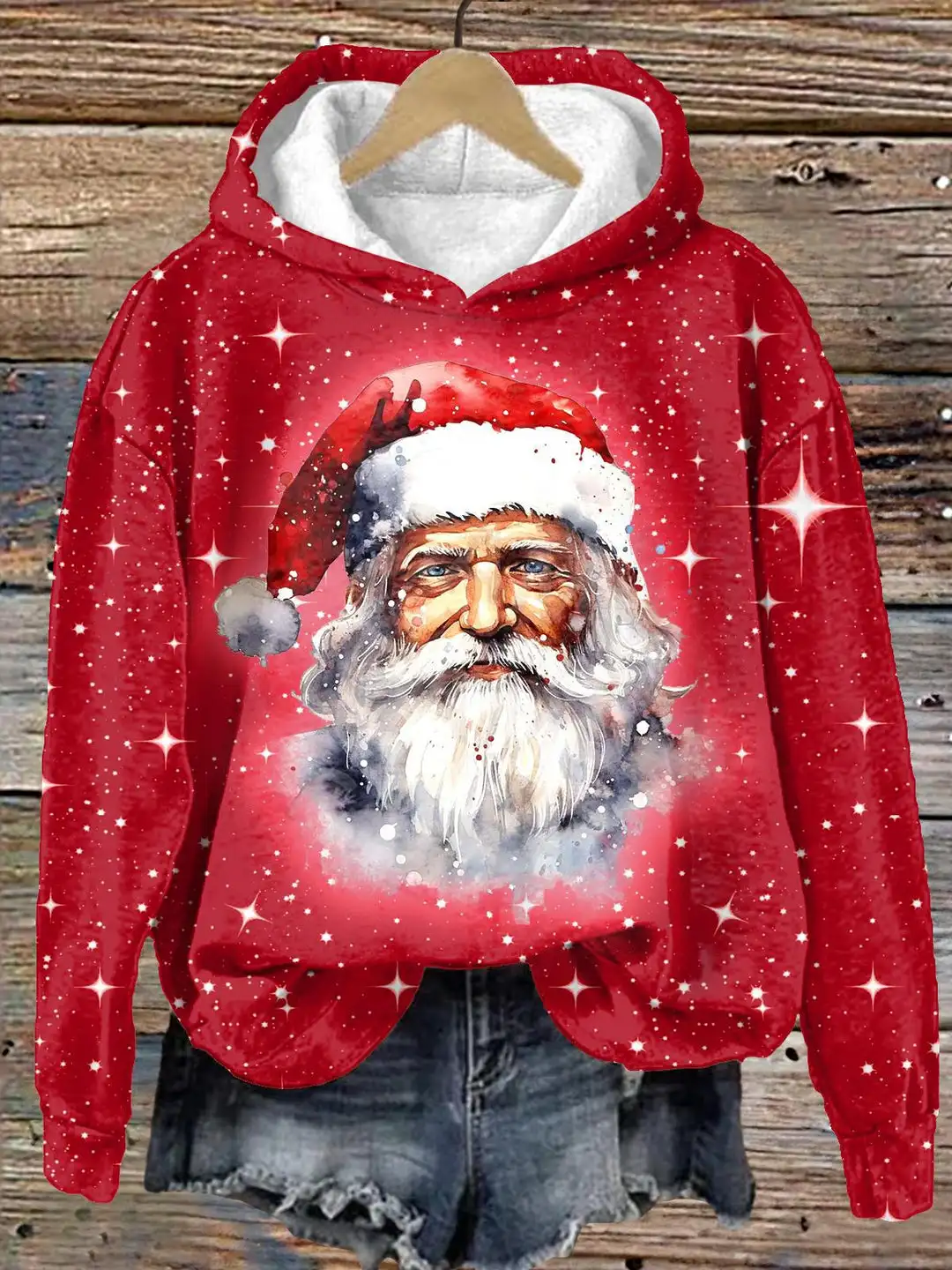 Women\'s 3D Christmas Angora Red Printed Long Sleeve Loose Hooded Sweatshirt 2024 Santa Claus Ladies Casual Long Sleeve Pullover