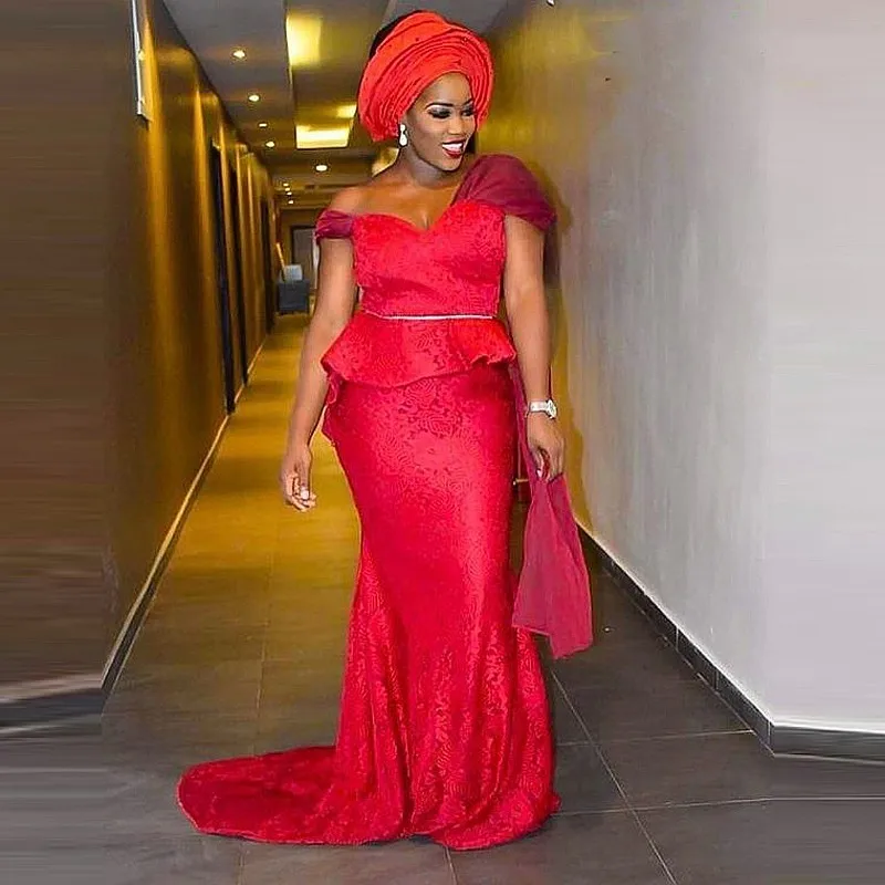 African Women Red Lace Prom Dreess With Peplum Aso Ebi Evening Dress Custom Made Black Girls Party Dress For Photos