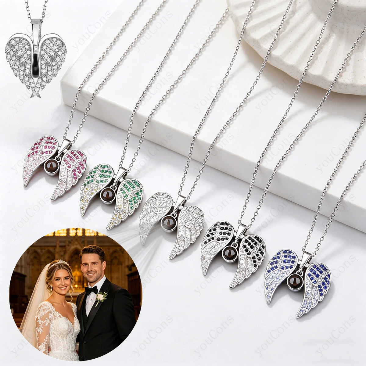 Custom Color Photo Projection Necklace Angel Wing Pendant Stainless Steel Chain Valentine's Mother's Day Romantic Gift For Women