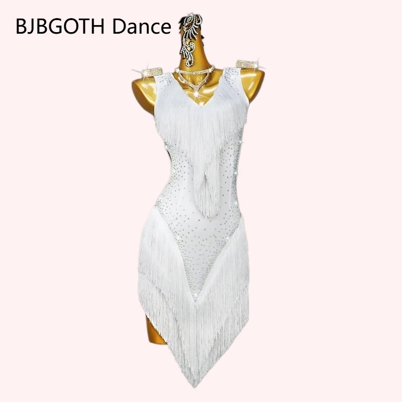 Lateinamerikanische Tanzkleidung, Bühnenkostüme, Damenkleid, Ballsaal-Übungskleidung, sexy Abschlussball-Outfit, Mädchen-Quasten-Röcke in Weiß, eleganter Partyanzug