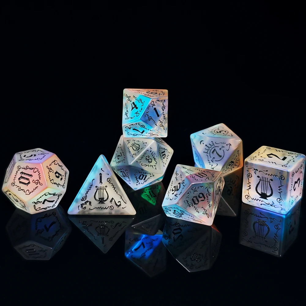 7 Pcs Gemstone Style Polyhedral Dice Set Iridescent Crystal Bard Harp Music Note for Dungeons & Dragons DND RPG Tabletop Game