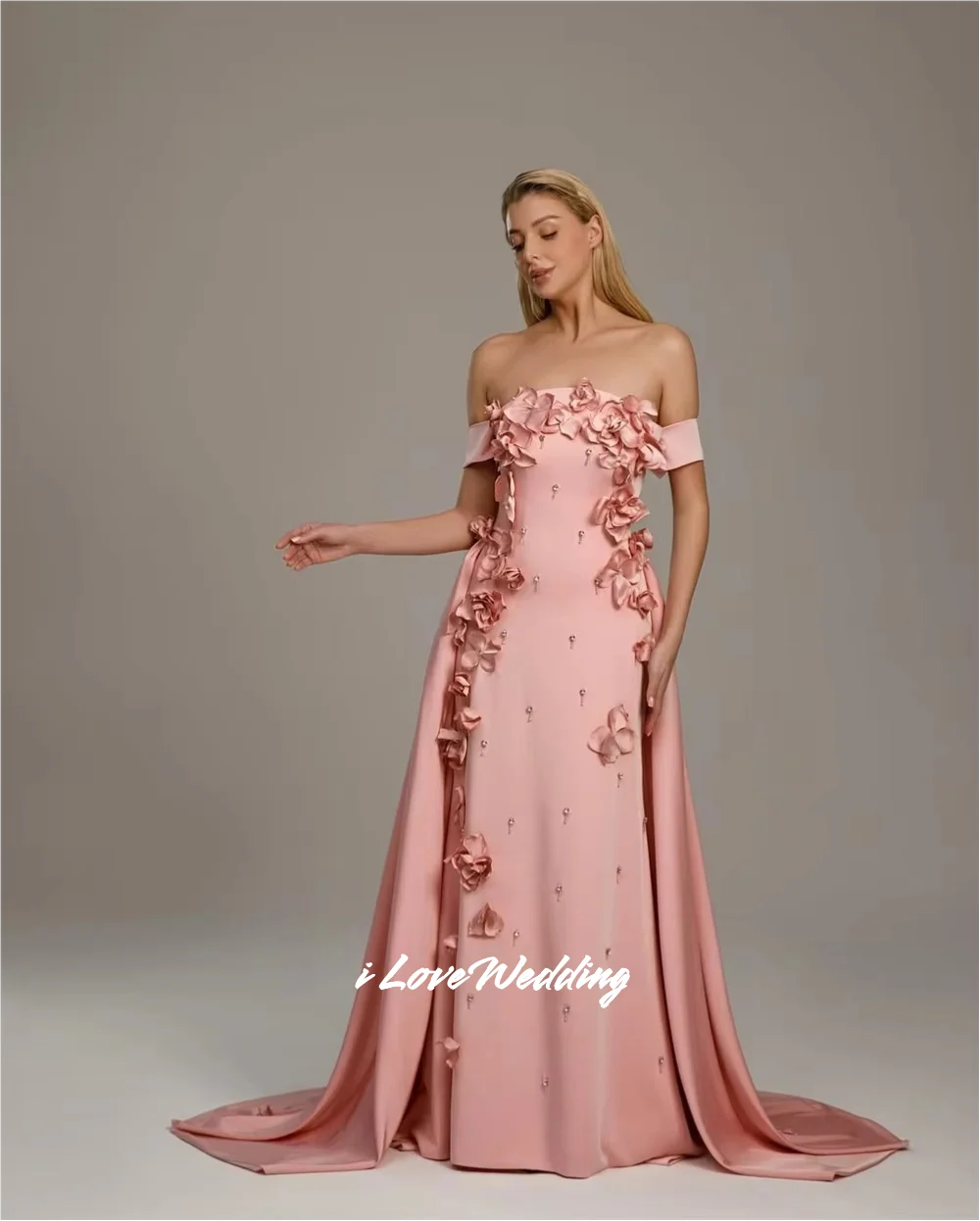 

Pink 3D Flower Strapless Prom Dress Beaded Off Shoulder Mermaid Sweep Train Bespoke Occasion Dress Floor-Length Pleated Customiz