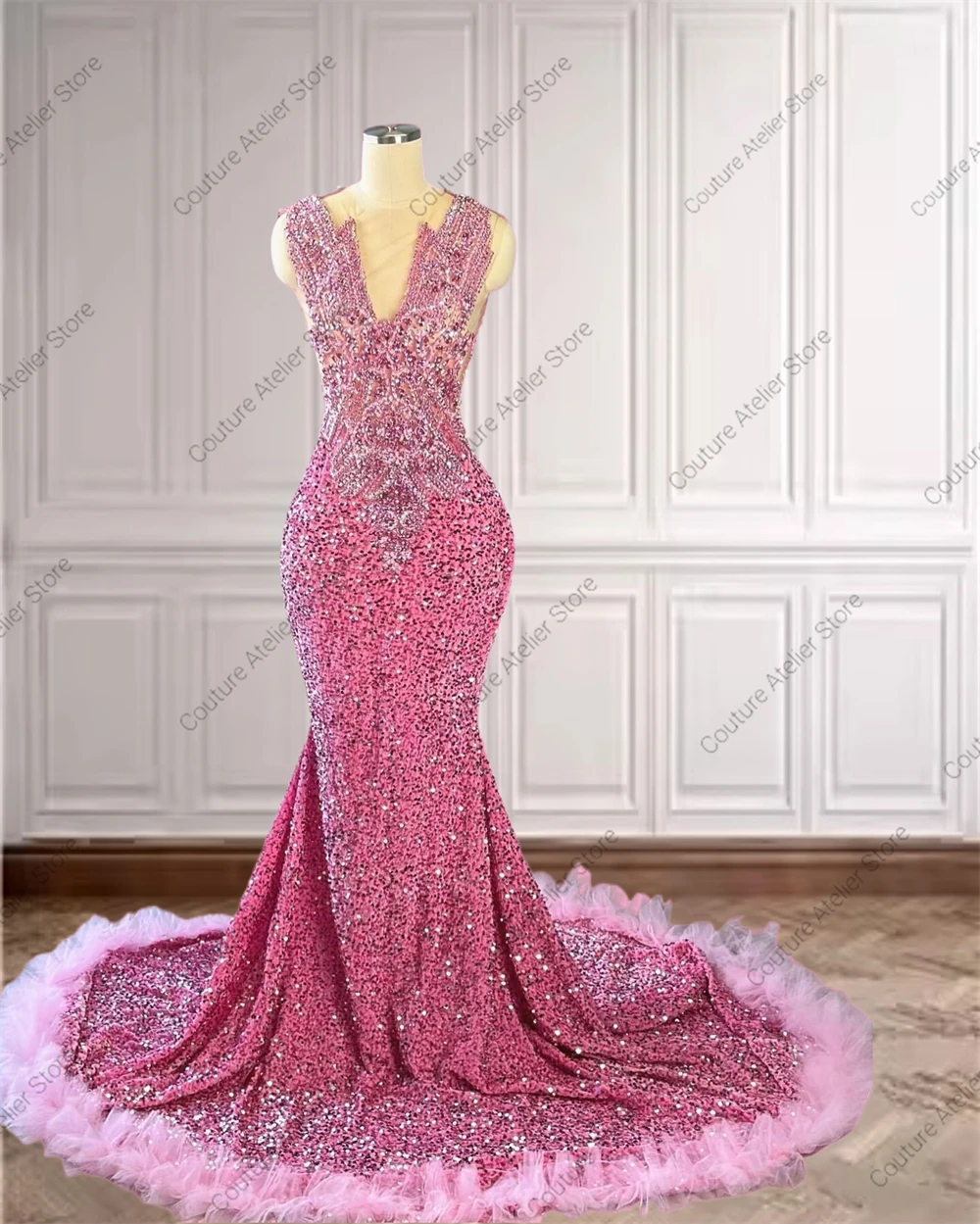 Obsidian Pink Velvet Sequin Rhinestone Prom Dress For Black Girls 2024 Birthday Luxury Dress Mermaid Ladies Dresses Customized