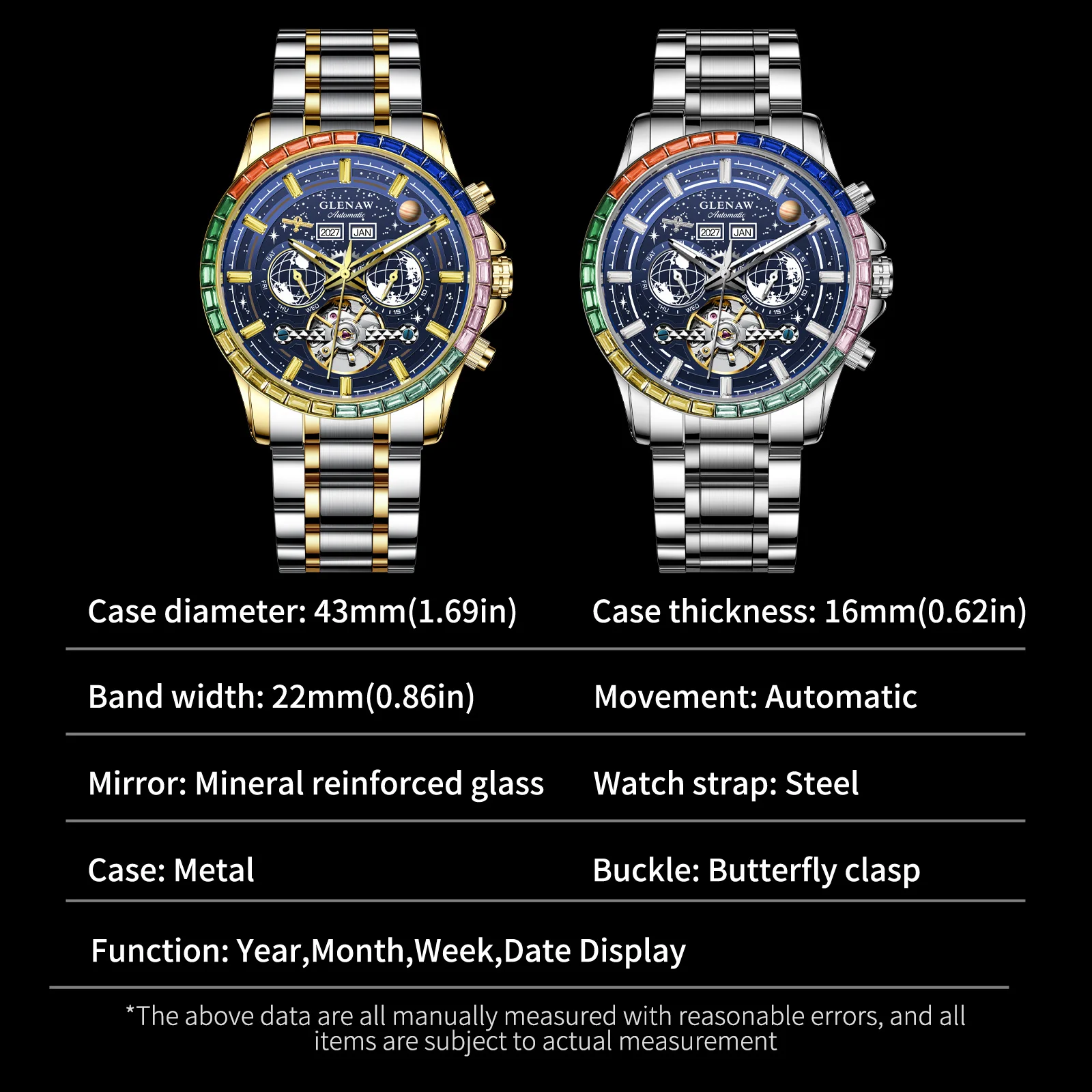 2026 GLENAW Design New 43mm Luxury Mechanical Watch Men Stainless Steel Noctilucent Waterproof Automatic Mechanical Men's Watch