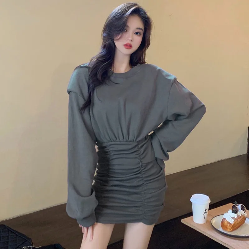 Ruched O Neck Long Sleeve Bodycon Dress Women Solid Draped Mini Dresses Korean Style OL Spring Summer Fashion Party Vestidos