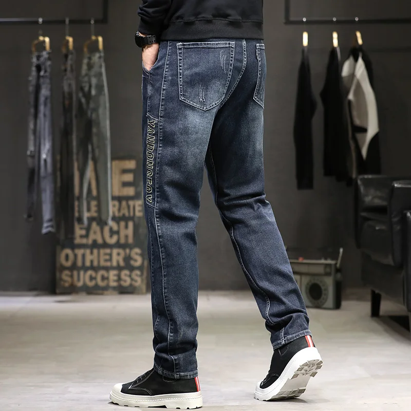 

Autumn Winter Men's Loose Straight Leg Jeans Embroidered Patchwork Trendy American Casual Long Pants Cotton Polyester Spandex...