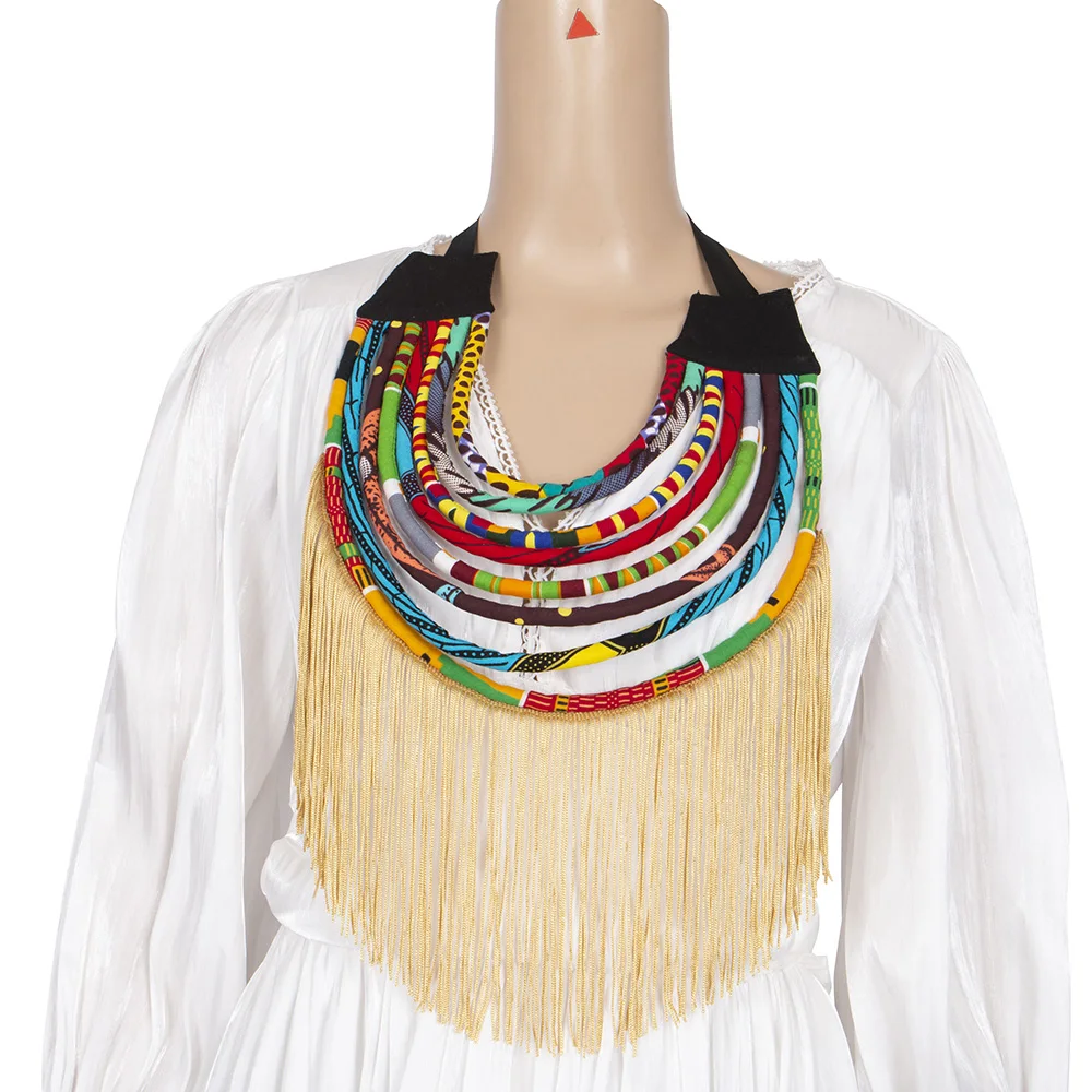 Dashiki African Rope Necklace Ankara Print Fabric Tassel Sweater Chain Traditional Party Wedding Jewelry Accessories Wyb735