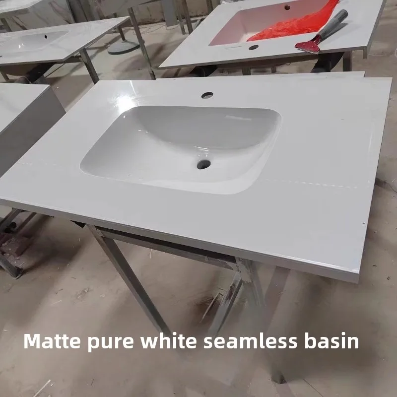 Customized rock slab seamless ceramic integrated bathroom cabinet countertop undercounter basin single wash to