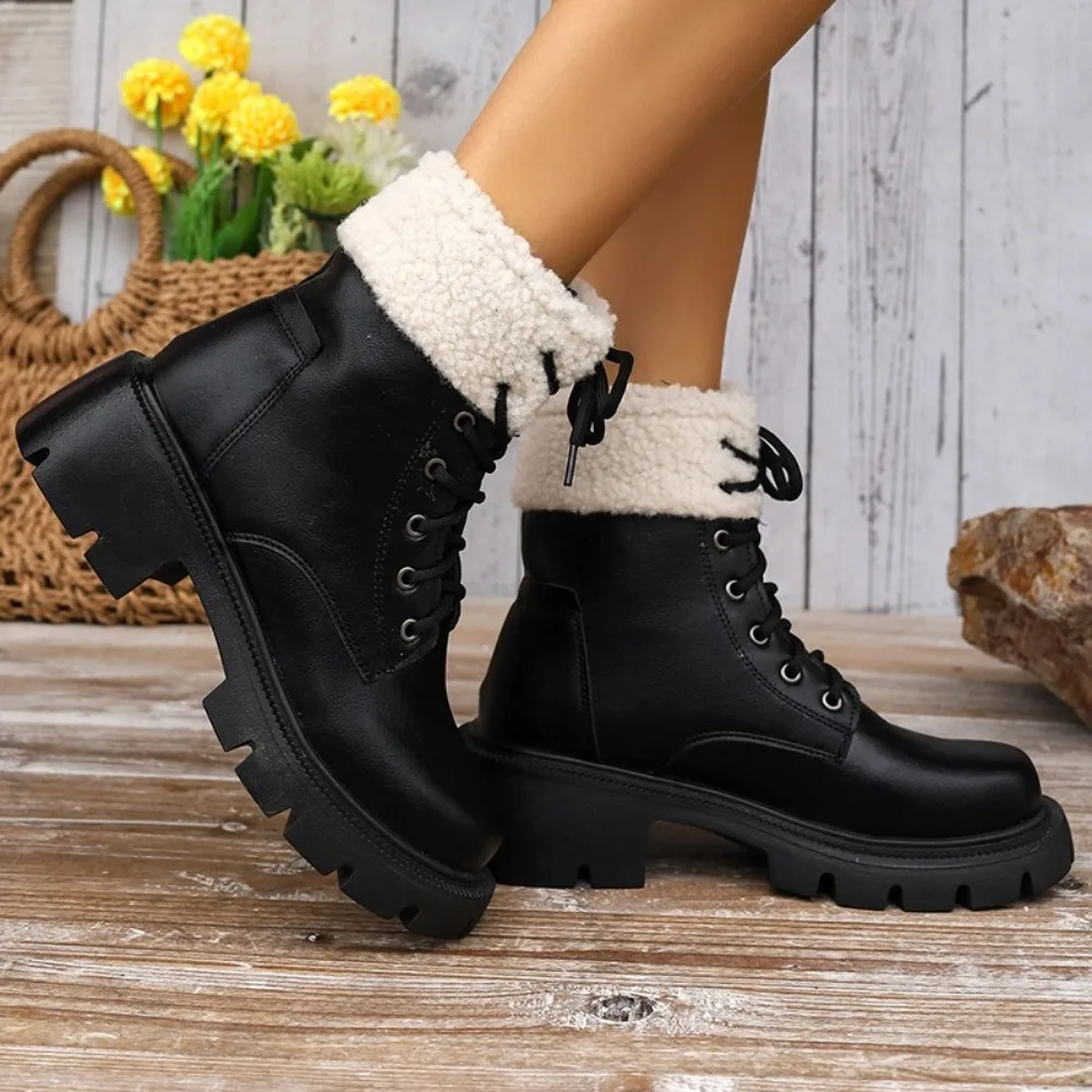 Winter Fashionable Womens Snow Boots Plus Velvet Platform Female Leather Boot 2024 New Women Shoes Heeled Ankle Boot