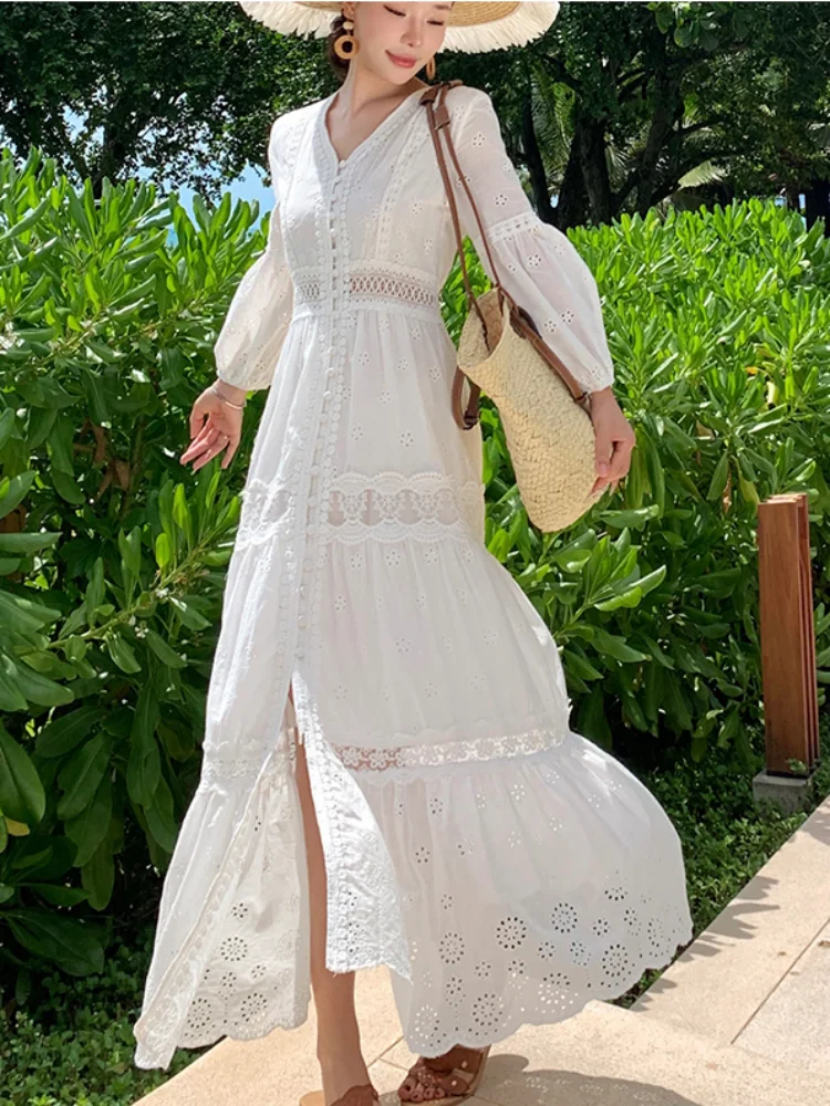 SMTHMA Summer 2025 Women Lace Embroidery Long Sleeve V-neck White Chiffon Beach Dress Lady mesh Patchwork Boho Dresses