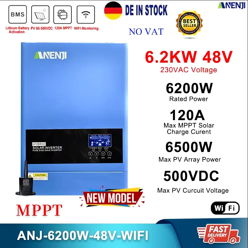 6.2KW 48V Hybrid Solar Inverter 230V Pure Sine Photovoltaic On Grid Off Grid Inversor PV 500V 120A MPPT Solar Charge Controller