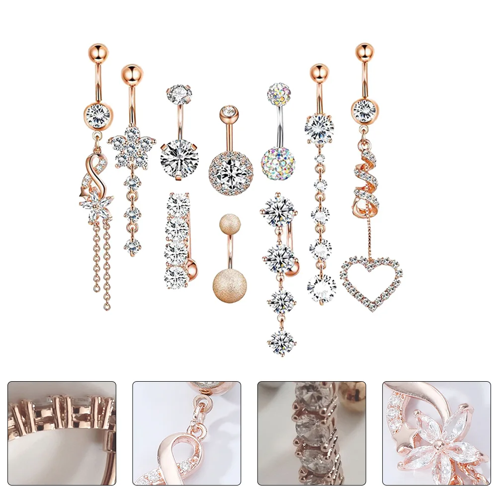 

10 Pcs Beaded Belly Button Rings Navel Piercing Jewelry Stainless Steel Zircon Durable Easy Clean Body Accessories