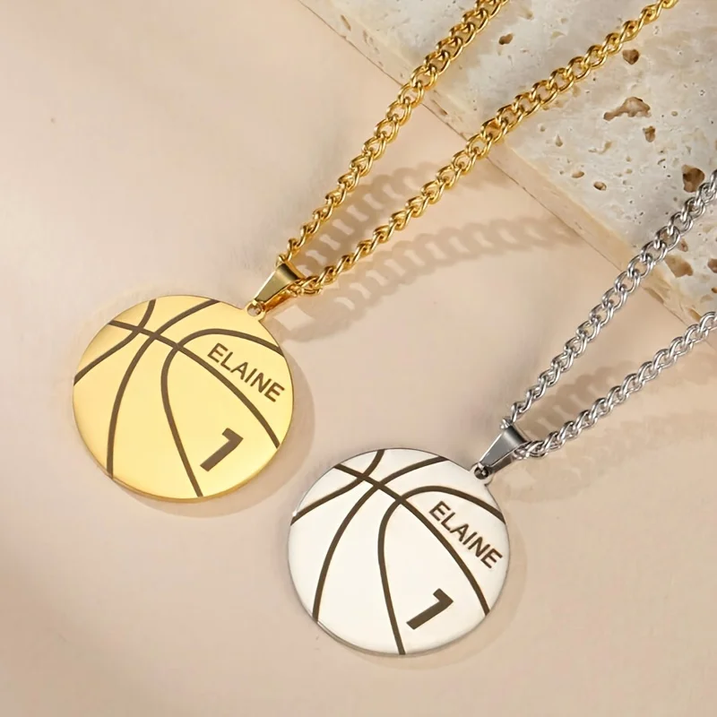 

18K Golden Plated Basketball Pendant Necklace with Stainless Steel Cuban Chain Personalized Name and Number Sporty Style Jewelry