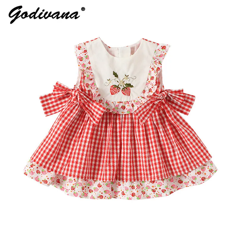 Baby Girls Strawberry Embroidery Red Plaid Print Dress Childrens Sleeveless Sweet Bow Ruffle Trim Princess Birthday Party Dress