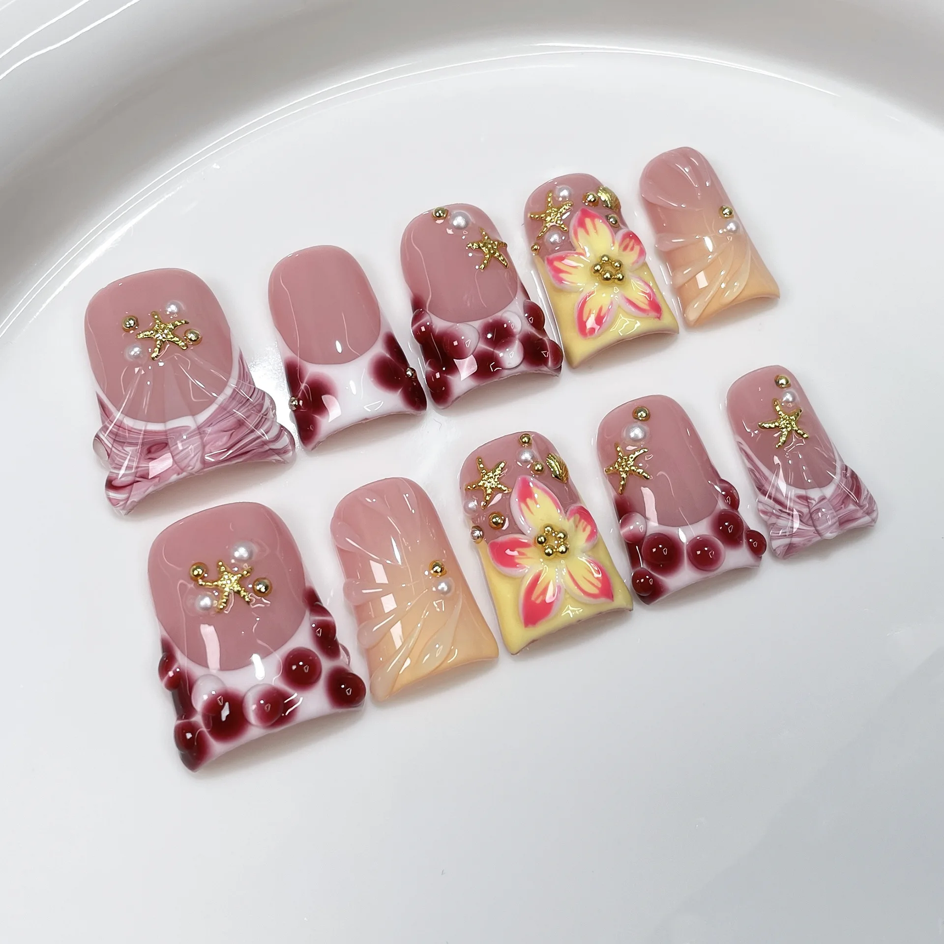 10Pcs/set French Duckbill Handmade Press on Nails Spicy Girls Fake Nails Flower False Nail Kawaii Uñas Накладные Ногти 네일팁